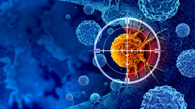 Medical illustration of red-orange crosshairs superimposed over a blue-scale cancer cell