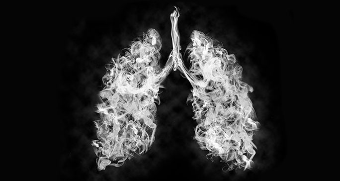 White smoke in the shape of lungs on a black background