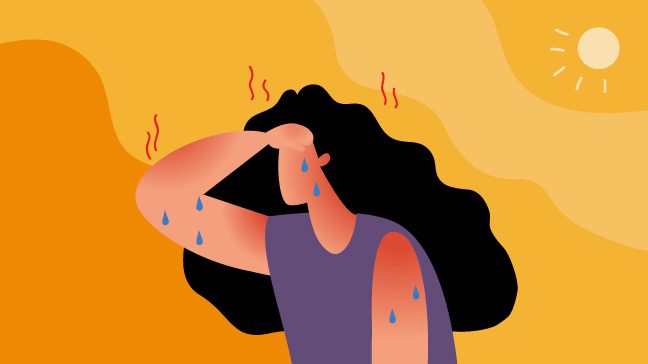 Illustration of a person with long dark hair sweating in the sun