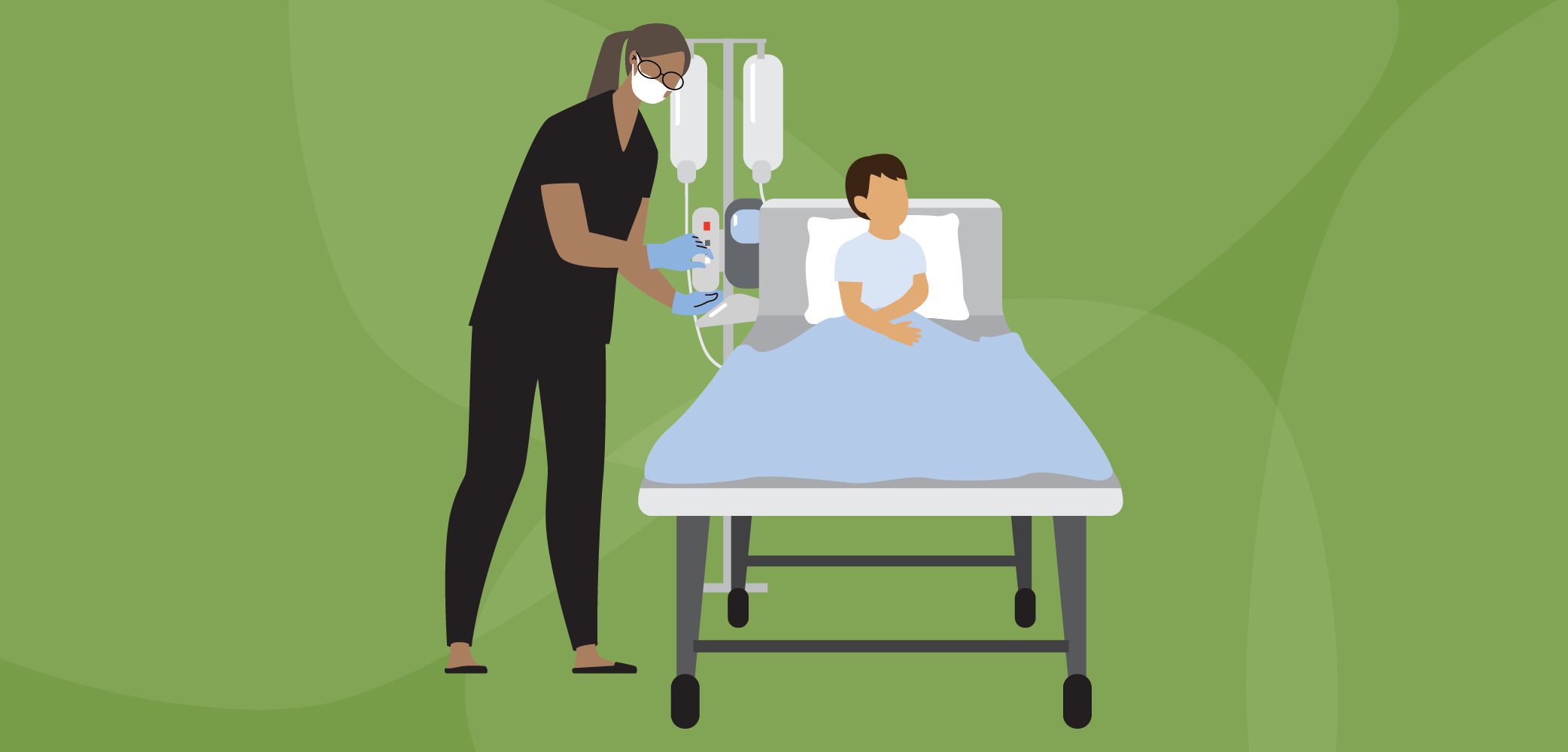 Nurse tends to pediatric patient during CAR T cell infusion