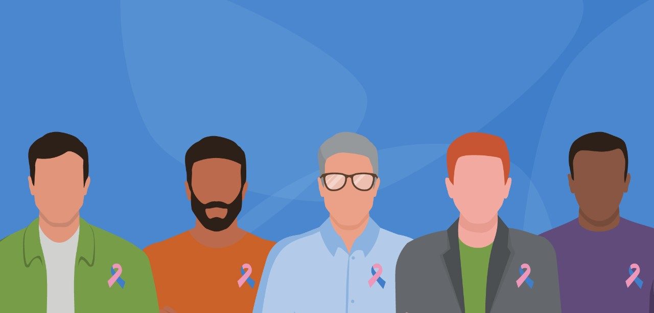 Graphic: men of different races wearing a pink and blue ribbon to represent male breast cancer