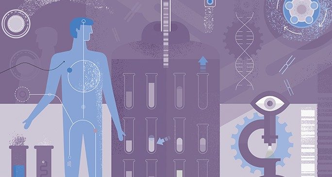 Stylized drawing of blood-based medical concepts in pale blues and purples