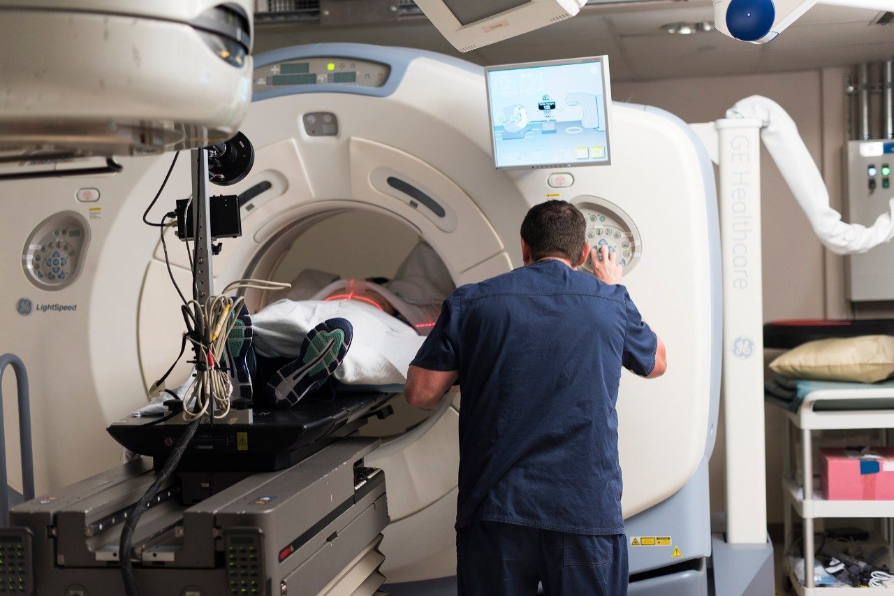 A cancer patient receives stereotactic body radiation therapy (SBRT) 