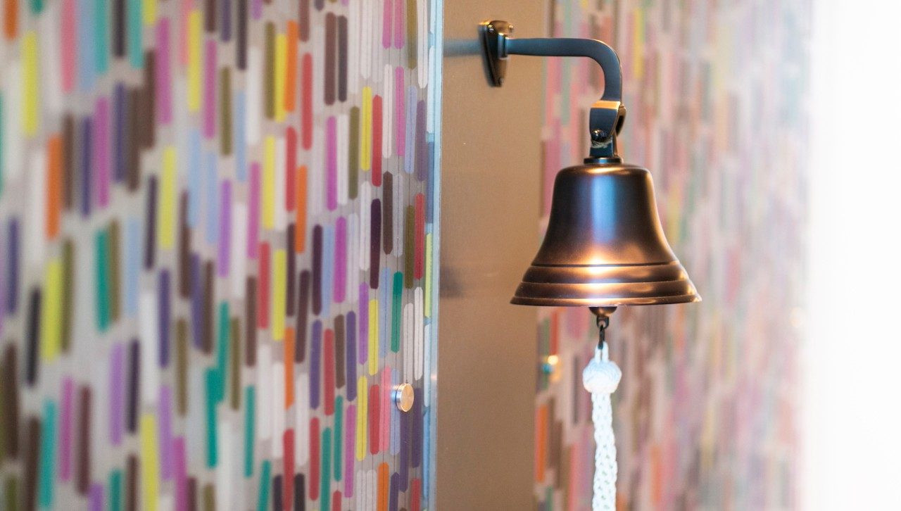 The bell at MD Anderson League City that patients ring to mark a milestone in their cancer treatment