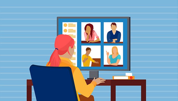 Graphic of woman attending virtual cancer support group meeting on desktop computer