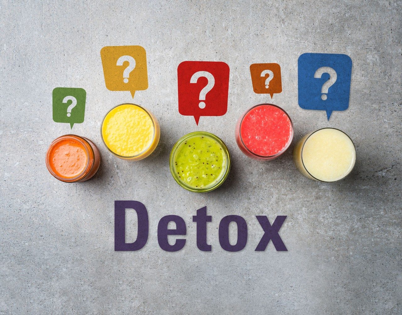 Text reads: Detox. Images show different detox drinks with question marks.