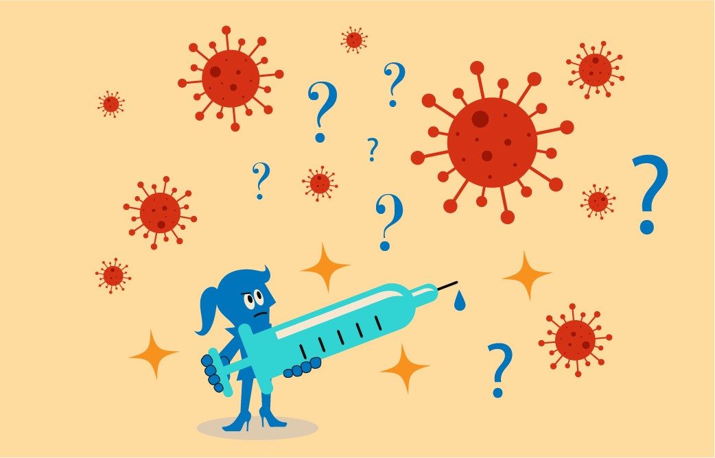 illustration of blue woman holding a vaccine while looking at question marks and COVID-19