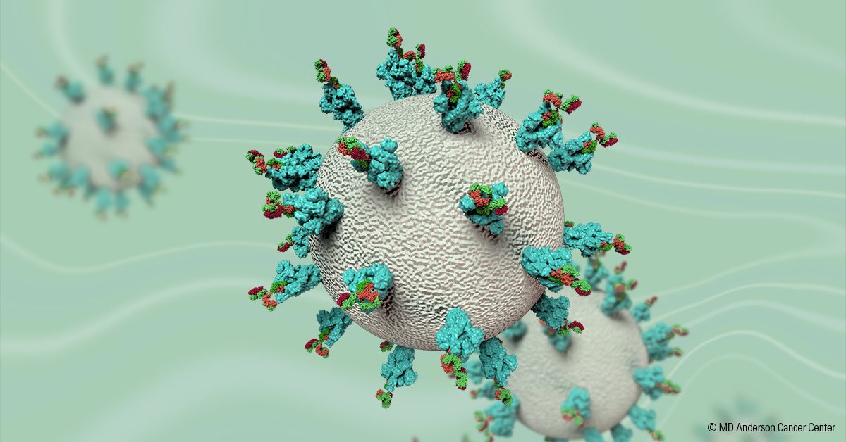 Illustration of SARS-CoV2, the coronavirus responsive for COVID-19, with antibodies