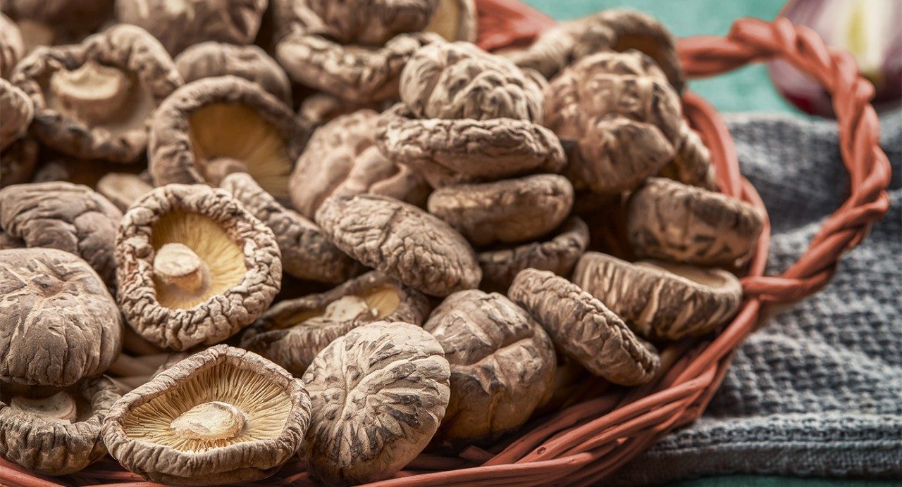 Dried Shitake mushrooms in a basket