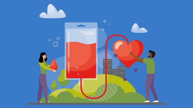 illustration of two people holding hearts from either side of blood donation bag with city in the background