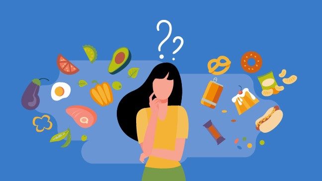 illustration of a woman against blue background with question marks floating above her head as foods float around her