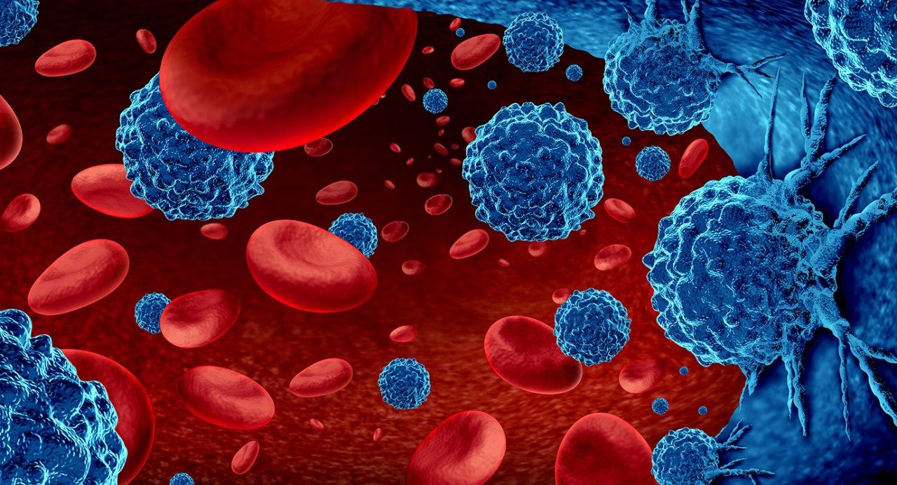 Illustration of red blood cells floating in the bloodstream with blue cancer cells