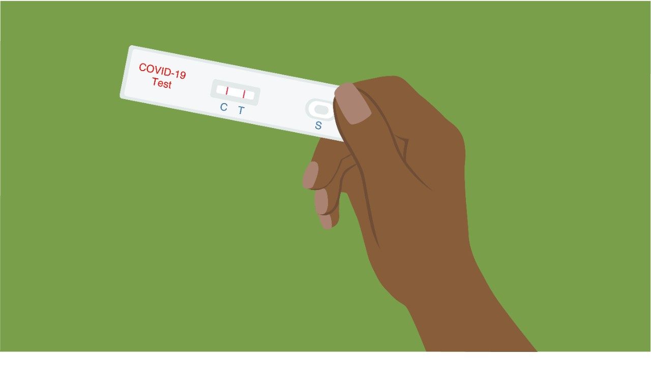 An illustrated hand holds an antigen COVID-19 test, which looks like a narrow white rectangle. The view shows a positive result. 