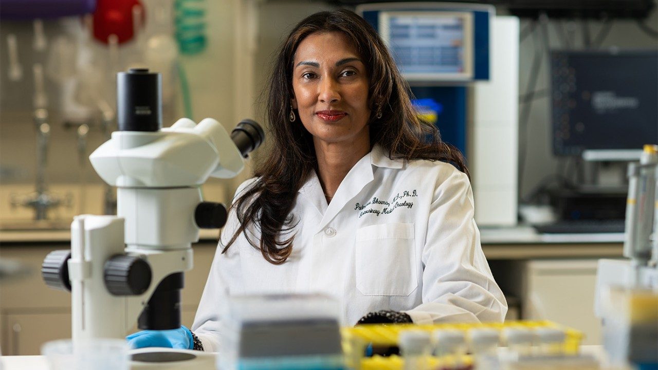 Immunotherapy researcher and physician Padmanee Sharma, M.D., Ph.D., stands in her lab, wearing her whitecoat.