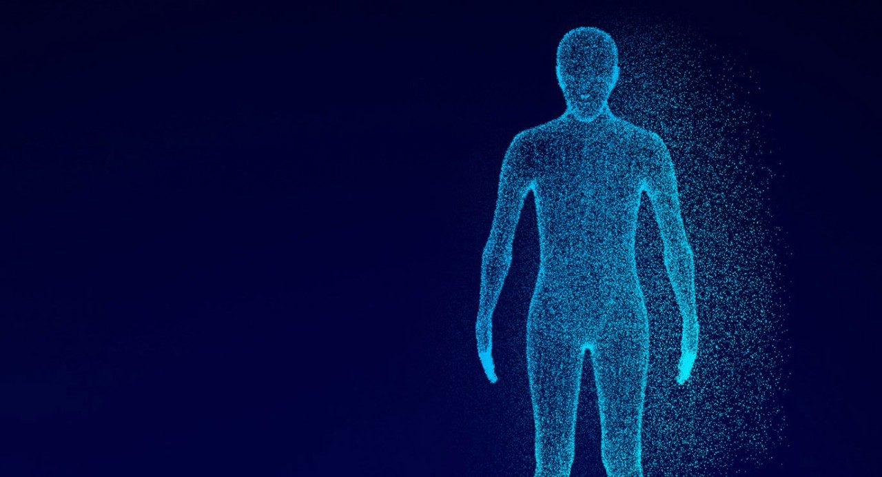 Blue background with lighter outline of a human body with lighter particles behind it.