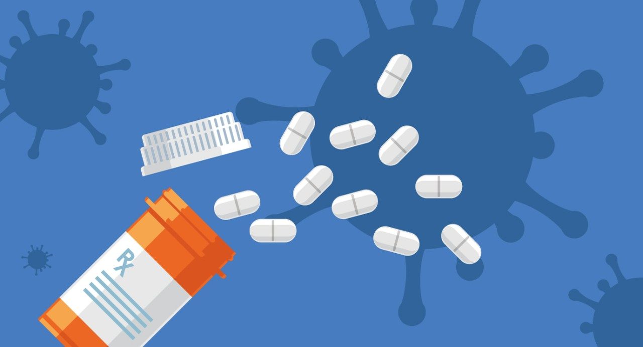 Illustration of a pill bottle against a blue background with images of viruses.