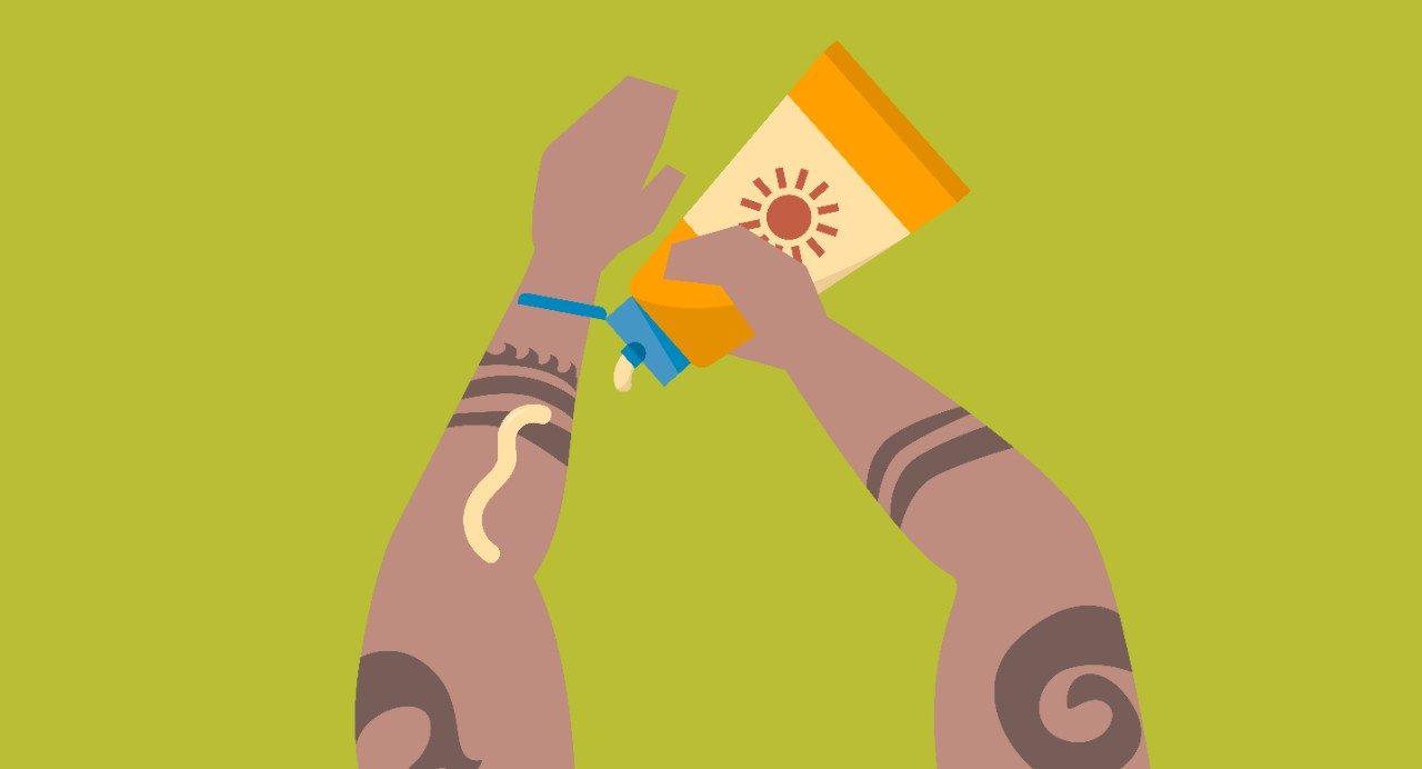 Illustration of two arms with tattoos. The right hand is holding a bottle of sunscreen and squeezing it onto the left arm.