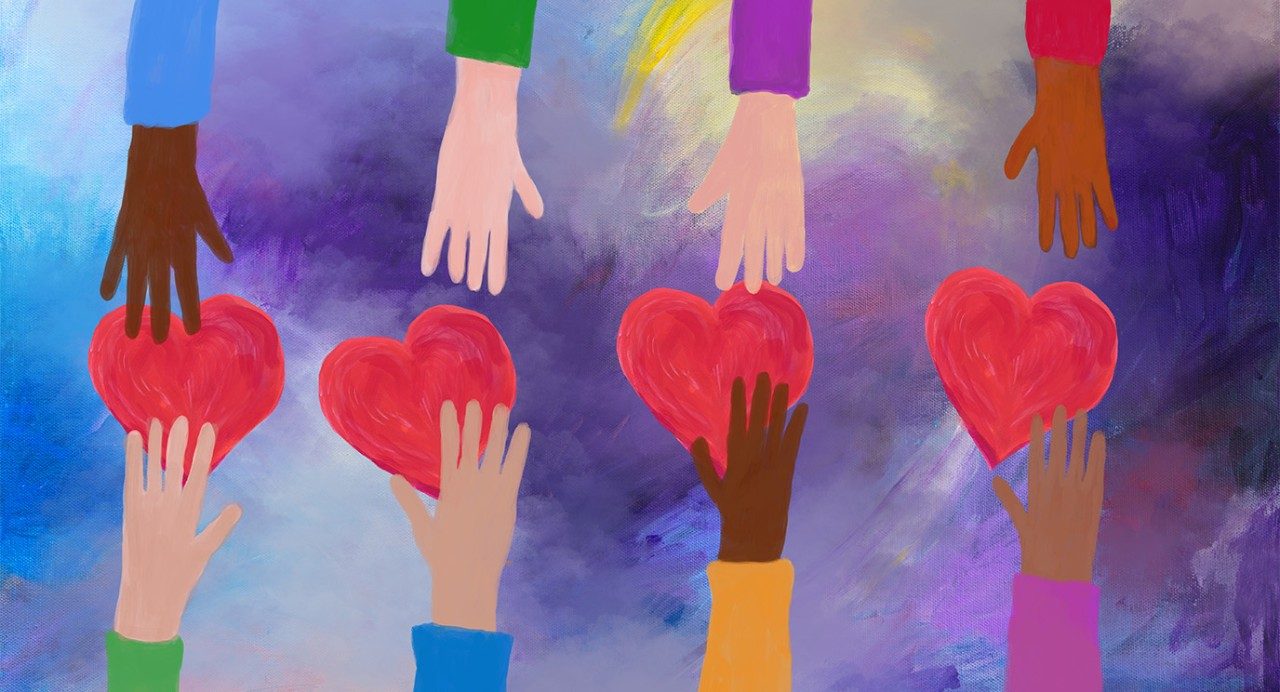 Eight cartoon hands of different skin tones wearing different color shirts hand each other paper hearts