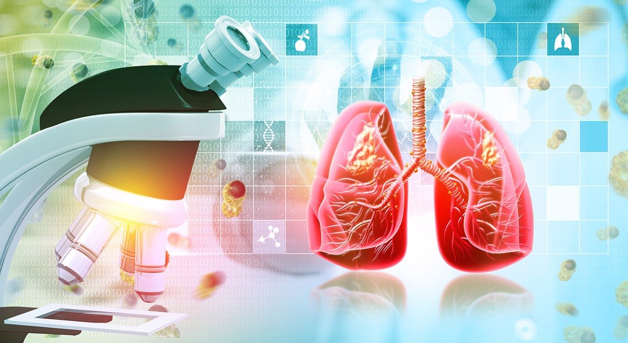 Illustration of microscope next to anatomical diagram of human lungs