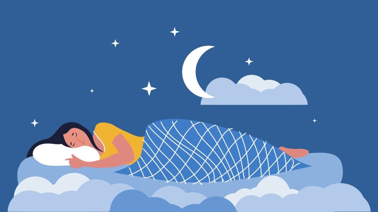 Graphic of woman with black hair and a yellow shirt sleeping on a blue bed surrounded by clouds underneath a dark blue sky with a white moon and stars