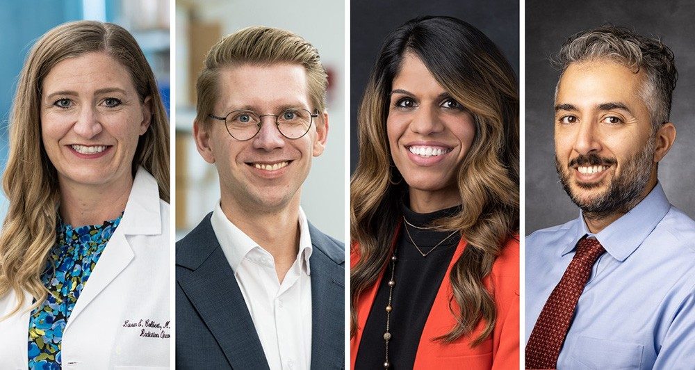 Headshots of science researchers Lauren Colbert, M.D., Emil Schueler, Ph.D.,  Aria Vaishnavi, Ph.D., and Moran Amit, M.D., Ph.D. 