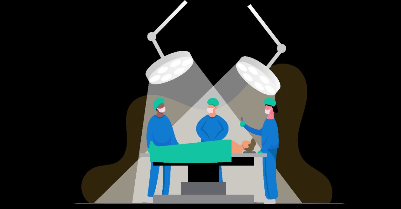 Illustration of surgeon and anesthesiologist in operating room with patient