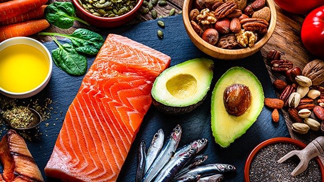 Healthy protein options, such as salmon, avocado and nuts