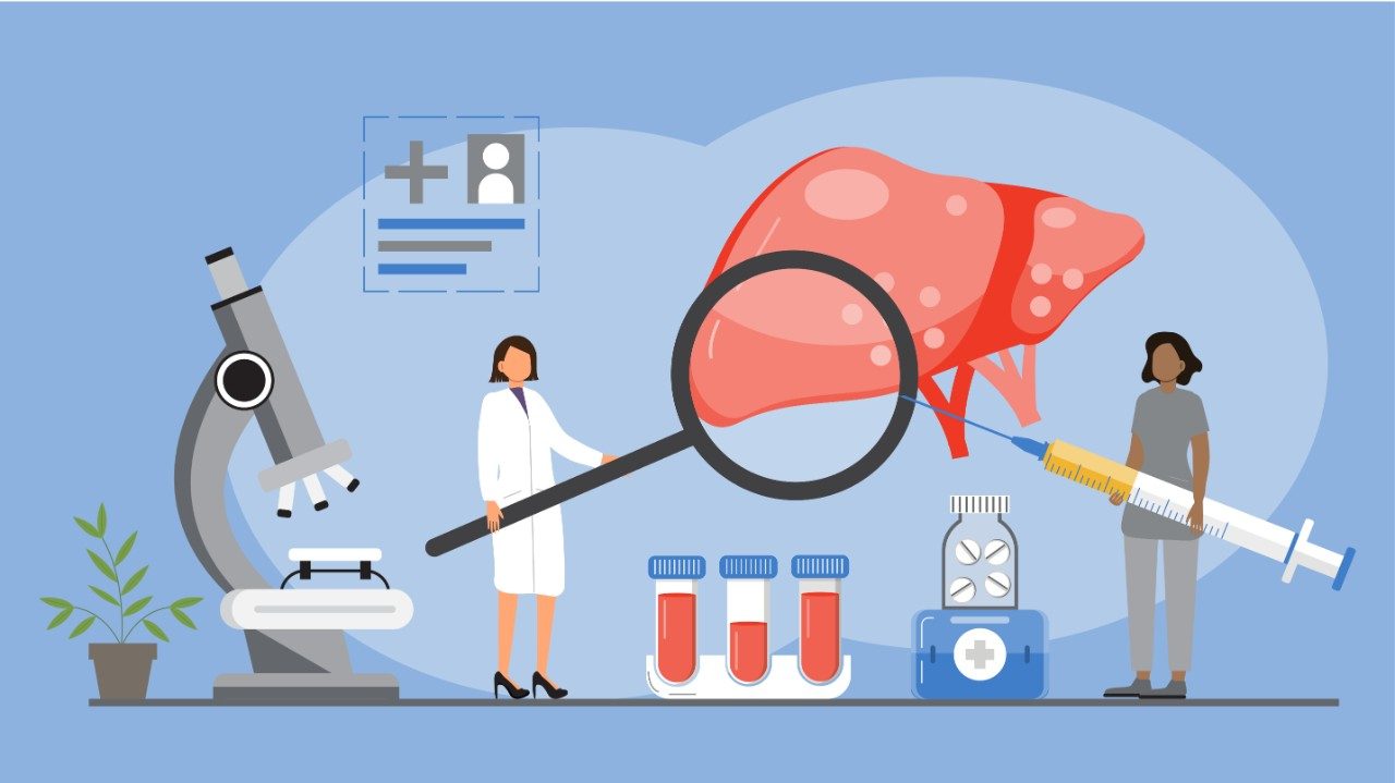 Illustration of two tiny doctors examining an oversized liver