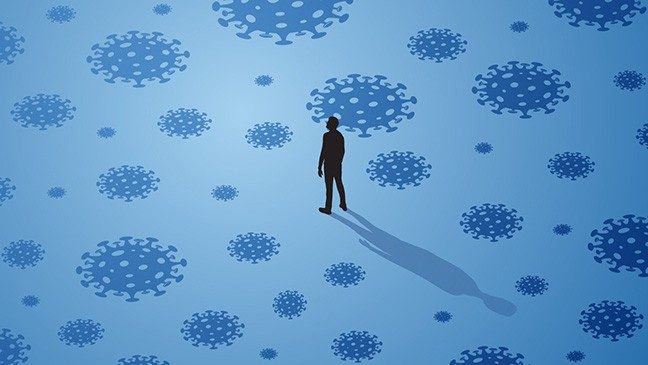 Illustration of a man's silhouette surrounded by blue viruses