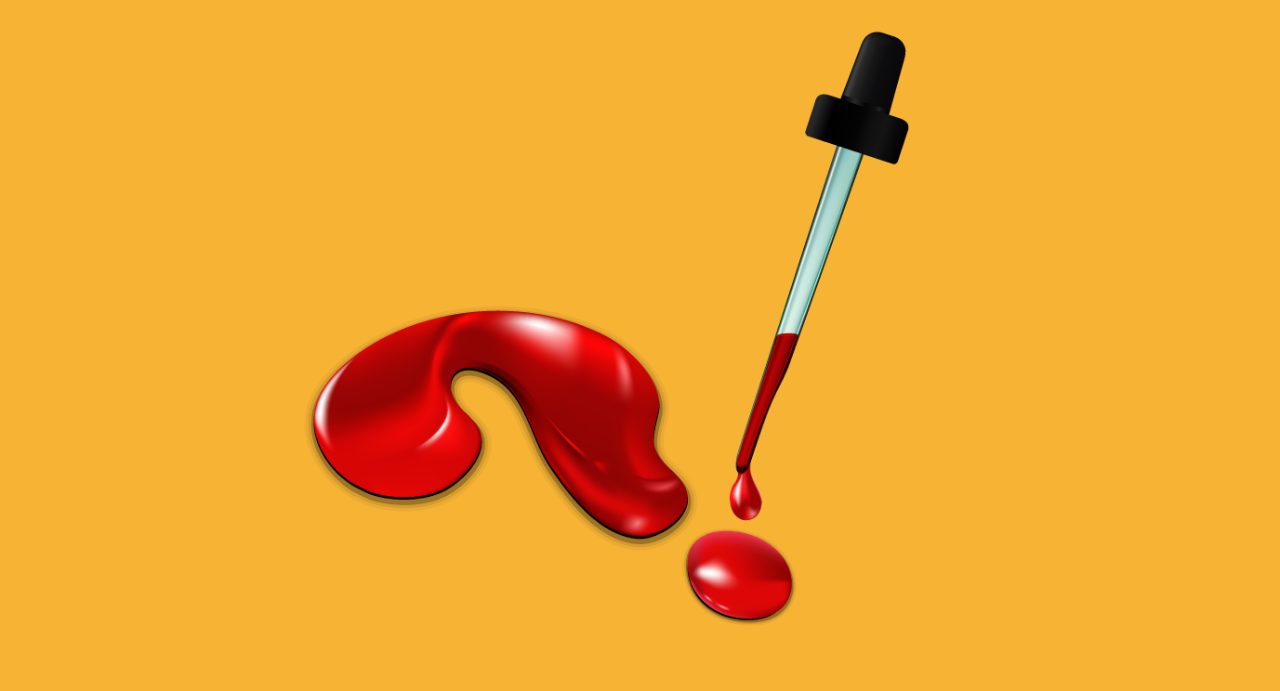 Question-mark shaped blood drips and eyedropper against a bright yellow background