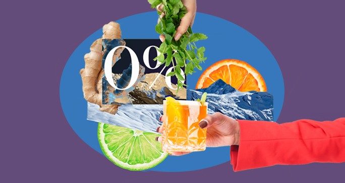 In the foreground, a person wearing a hot pink suit holds an orange mocktail in a crystal glass. In the background, there's a collage of elements including lime and orange slices, ginger, text reading '0%' and a hand holding herbs.