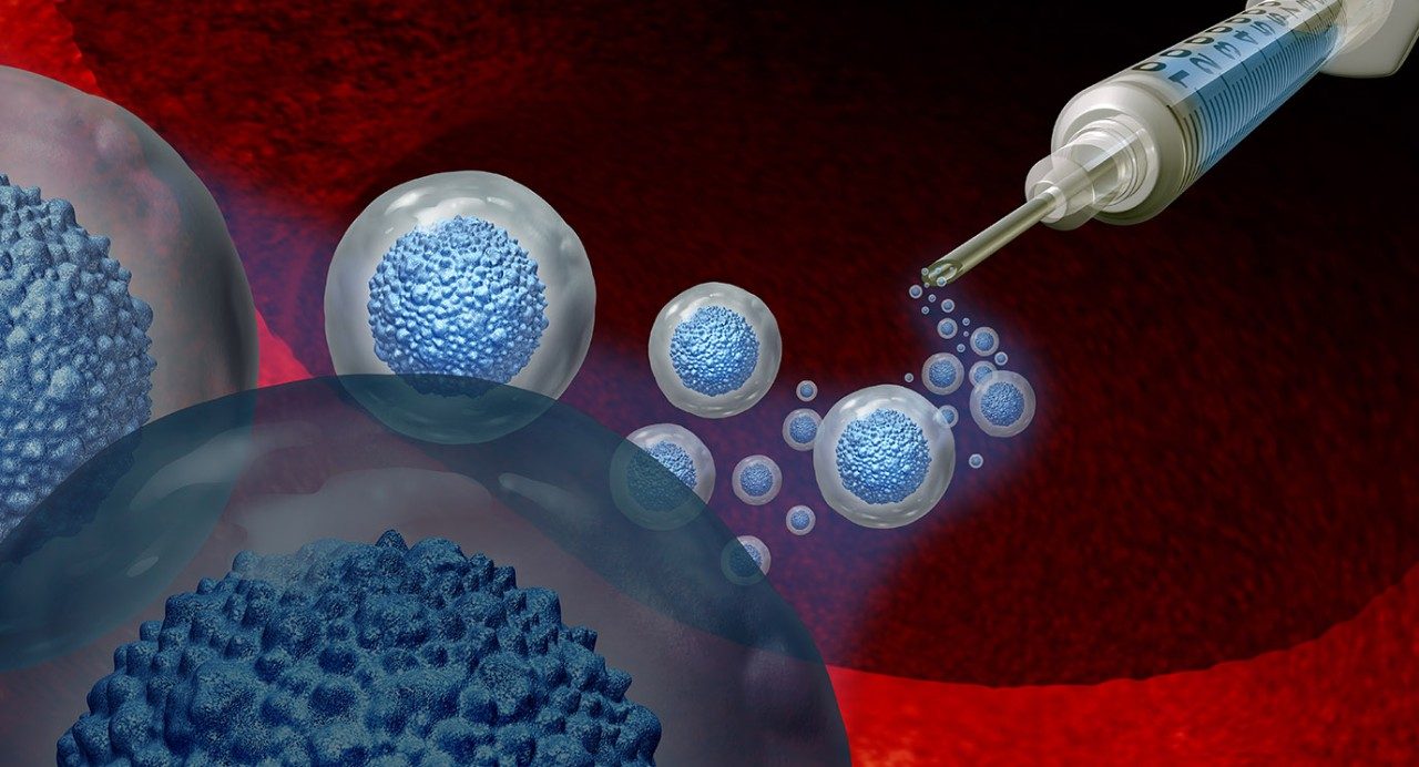 Close-up of stylized stem cells issuing from a syringe 