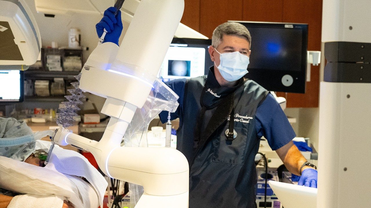 Interventional pulmonologist Roberto Casal, M.D., performs a diagnostic robotic bronchoscopy at MD Anderson .