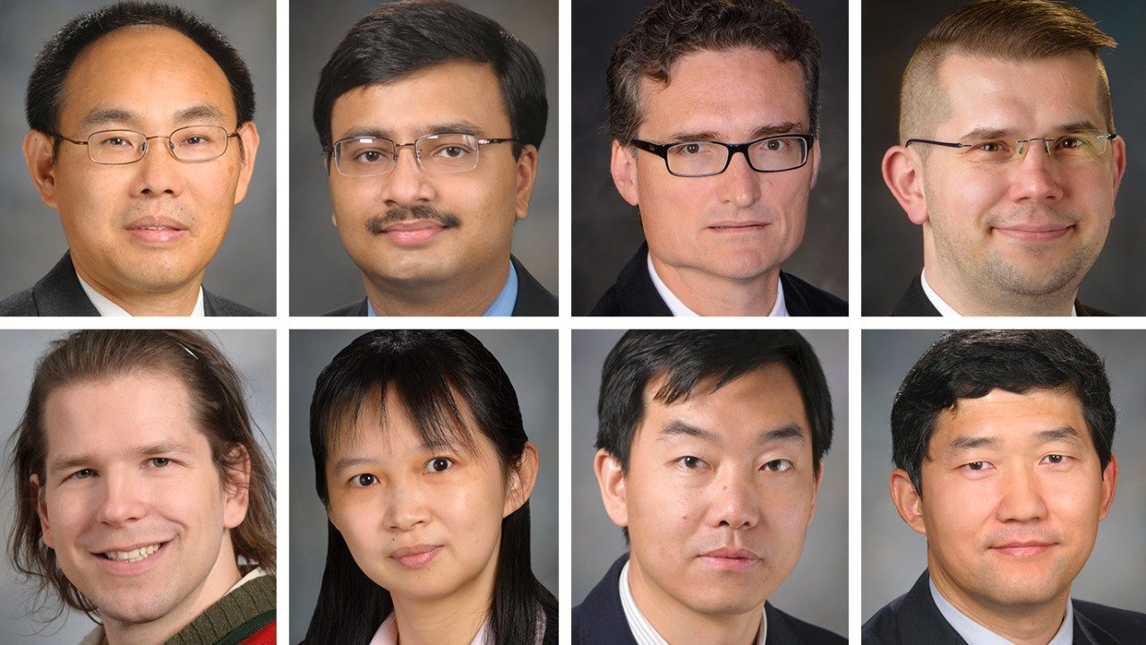 Clockwise from top left: Jianjun Gao, M.D., Ph.D; Nitin Jain, M.D.; Filip Janku, M.D., Ph.D.; Pawel Mazur, Ph.D.; Florian Muller, Ph.D.; Jing Ning, Ph.D.; Liuqing Yang, Ph.D.; and Jianjun Zhang, M.D., Ph.D. 