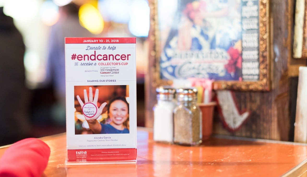 Pappas restaurants in Texas held a two-week End Cancer campaign in January to raise money to support cancer research at MD Anderson. Since 2015, Pappas has raised more than $480,000 for MD Anderson through customer donations and the restaurant’s matching funds. This year’s campaign raised $155,000 in support of the Moon Shots Program™, with Pappas matching all donations up to $75,000. 