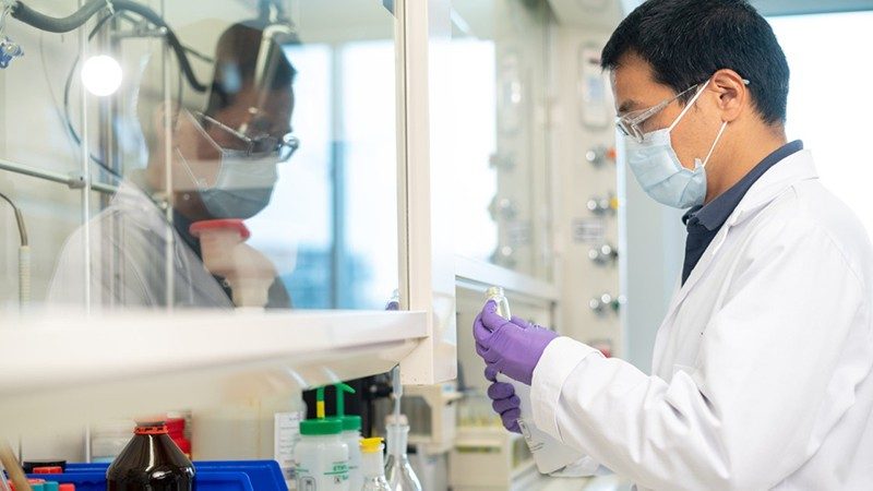 Researcher wearing gloves, mask, and goggles